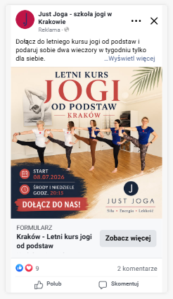 Przykład reklamy Facebook: grafika i tekst kampanii